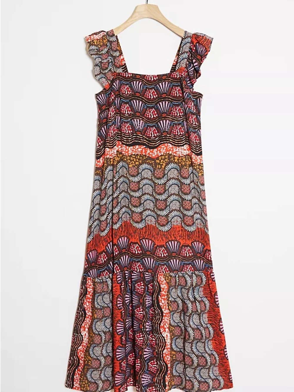 Corey Lynn Calter Boho Fan Print Tiered Flutter Sleeve Midi Dress Size S